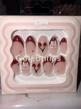 Celebritips Nude and Red Press-On Almond Nails - Cherry & Bow Accent